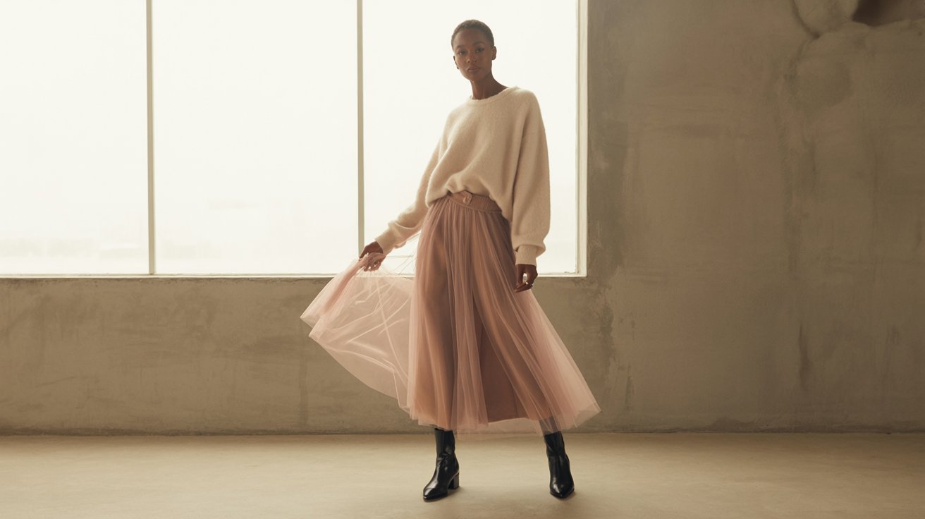 A person stands confidently in front of a large, bright window. They wear a soft, cream sweater and a flowing pink tulle skirt, paired with black boots. The setting is minimalistic, with an elegant and serene tone.
