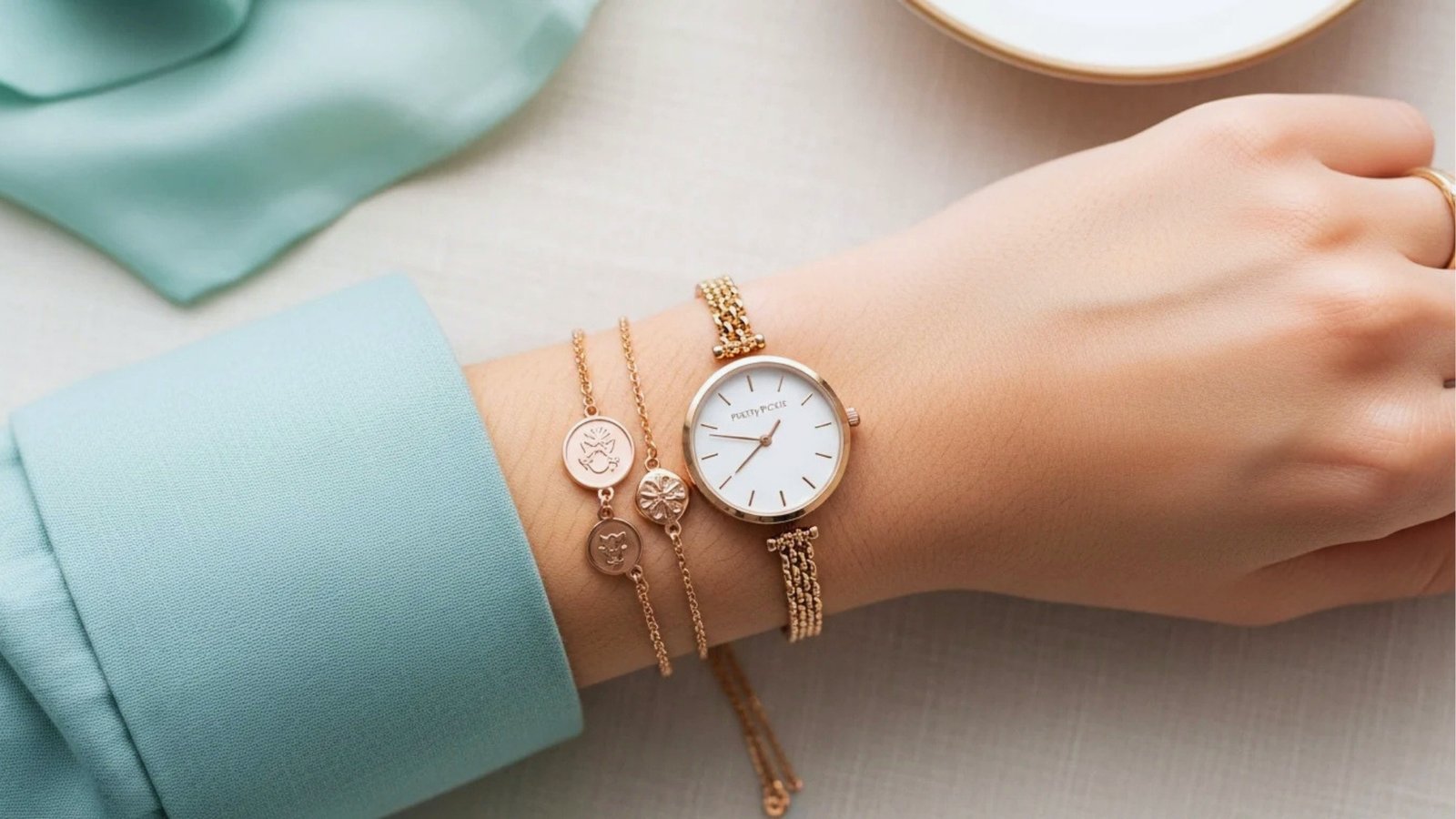 A wrist with a rose gold watch and two matching bracelets featuring small charms, atop a light fabric surface. The person wears a mint green sleeve.
