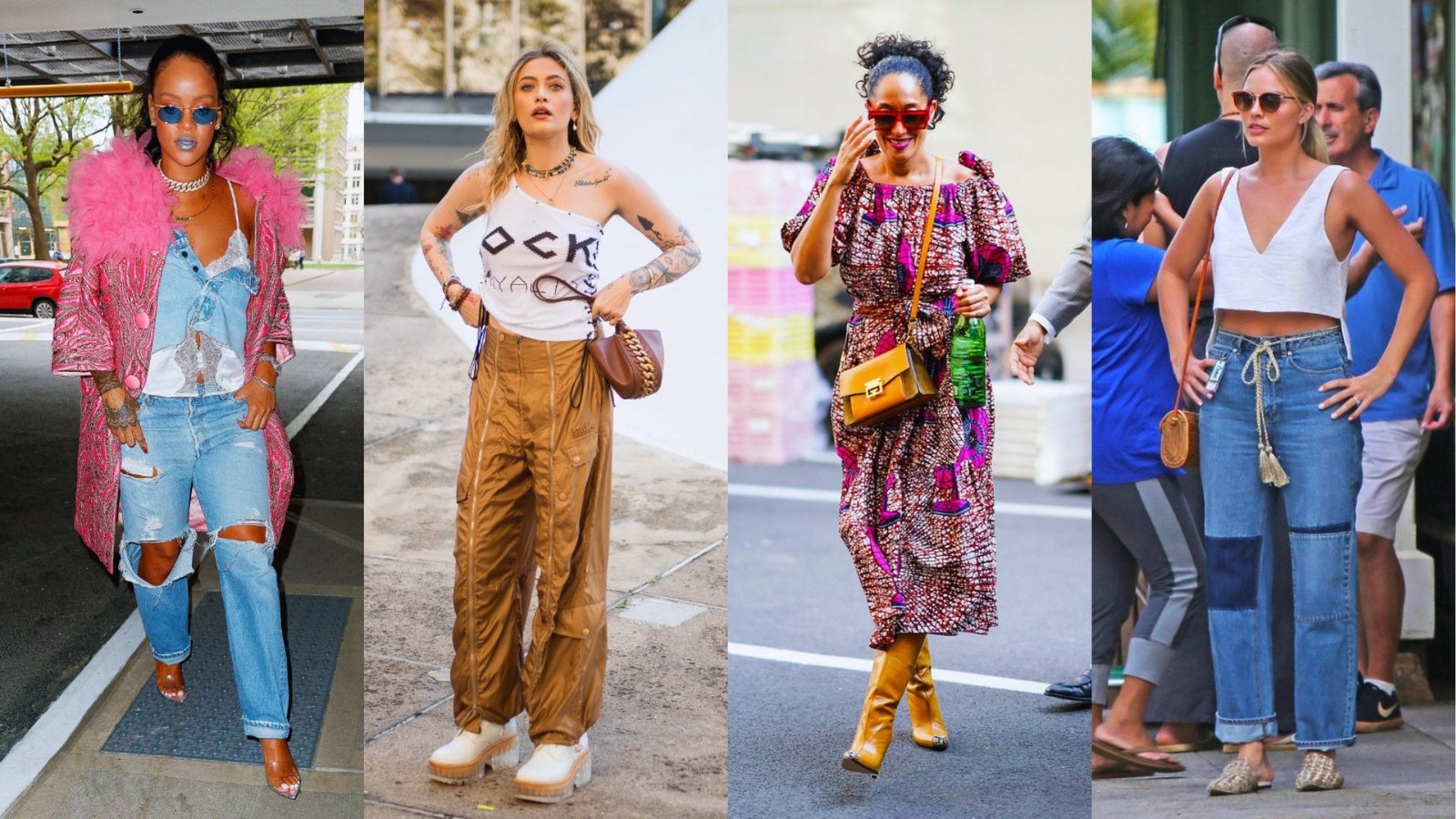 Four fashion-forward individuals showcase unique street style: bright pink fur and ripped jeans, bold gold pants, a colorful patterned dress, and denim patchwork jeans.