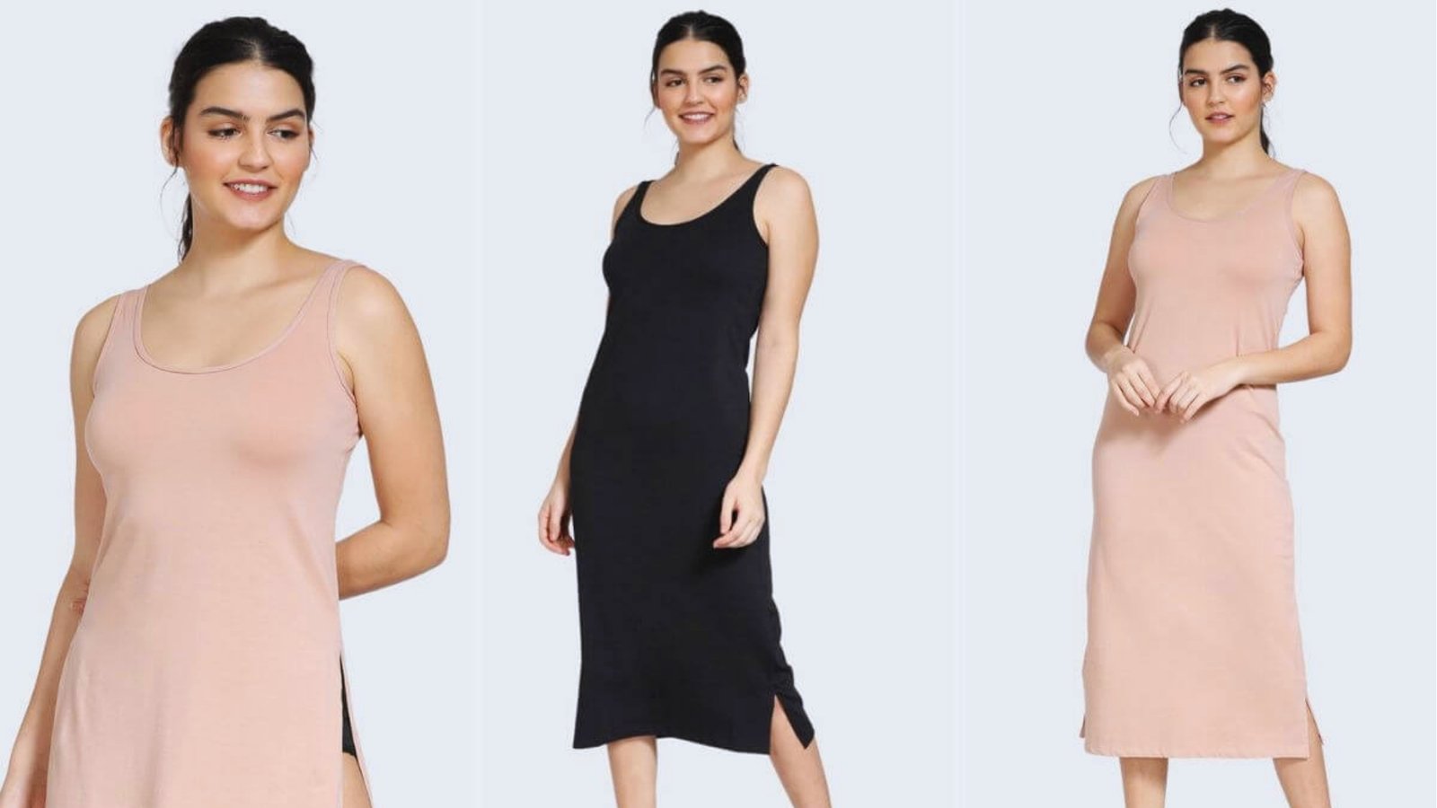 Three images of a woman in sleeveless, knee-length dresses. The first and third dresses are pink, and the second is black. She smiles confidently.
