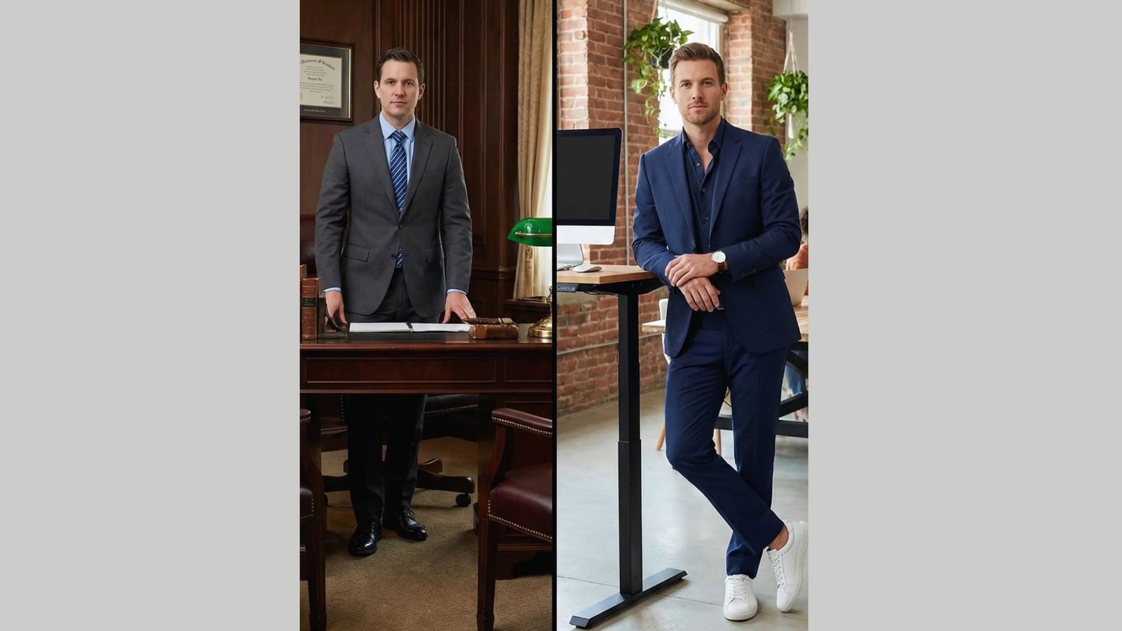 Split image of a man in two settings: left, wearing a suit, standing by a formal desk; right, in a casual suit by a standing desk with a relaxed vibe.