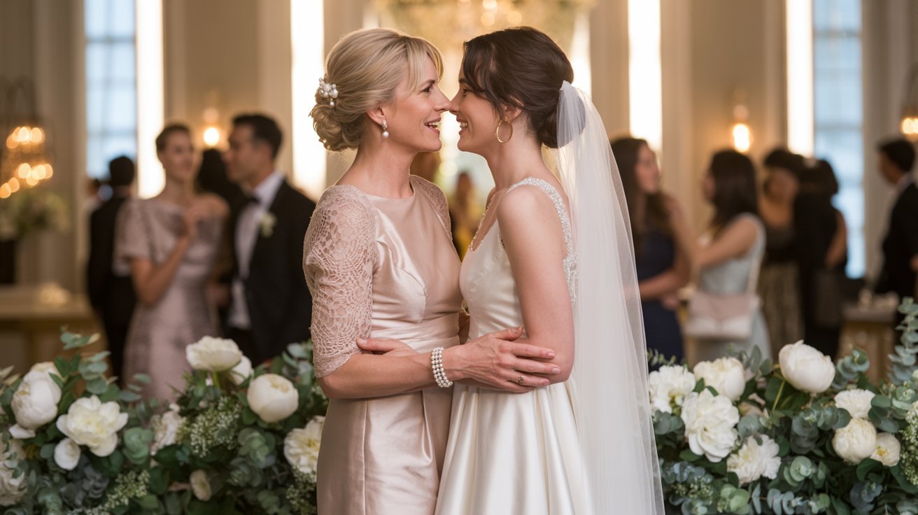 A bride and another woman share a joyful embrace at a wedding, surrounded by white flowers. Guests in formal attire converse in the elegant background.
