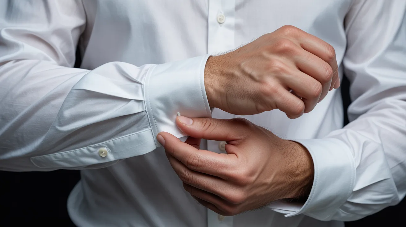  Hands neatly folding and aligning French cuffs, crisp white fabric smooth and even with no wrinkles in a clean setup
