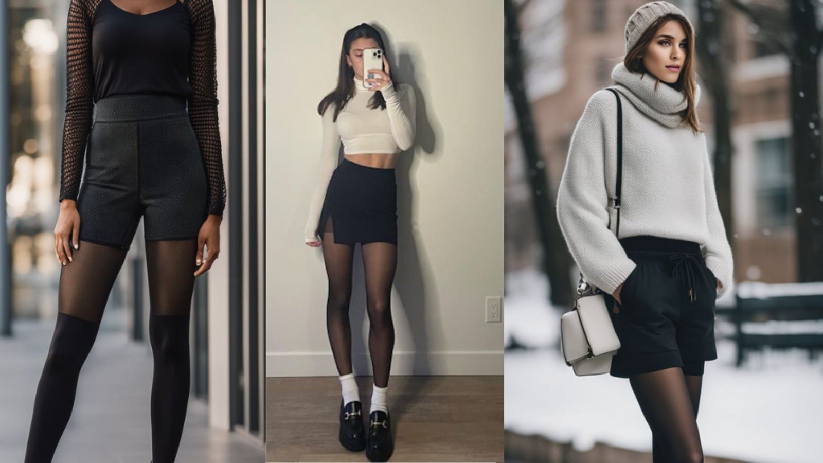 Three women in stylish outfits featuring black shorts and tights. Left: mesh sleeves; center: crop top; right: cozy sweater and beanie, winter setting.