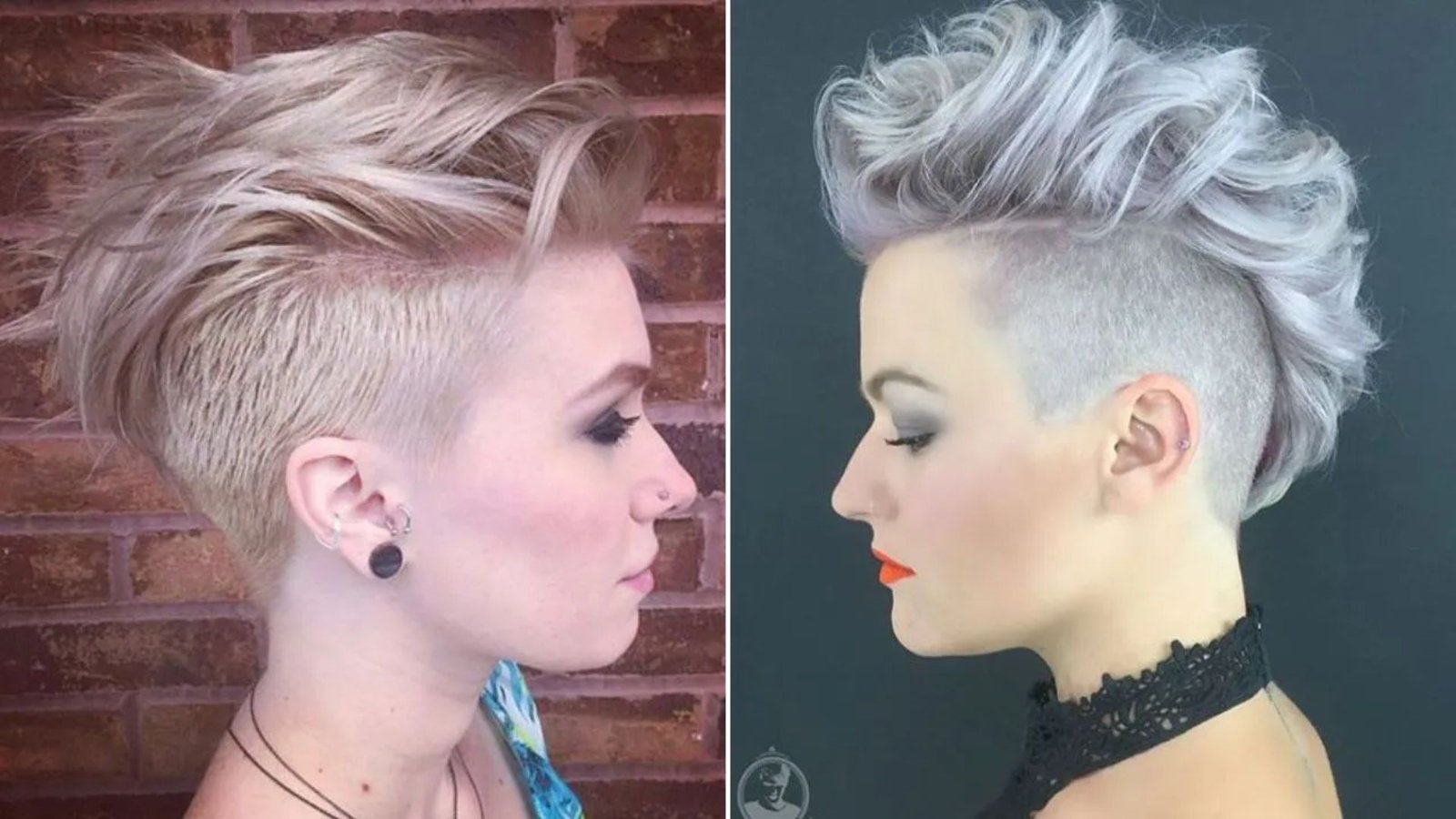 Split image showing two women in profile with platinum faux hawk undercuts.
Both feature voluminous textured tops with closely shaved sides and nape for an edgy look.