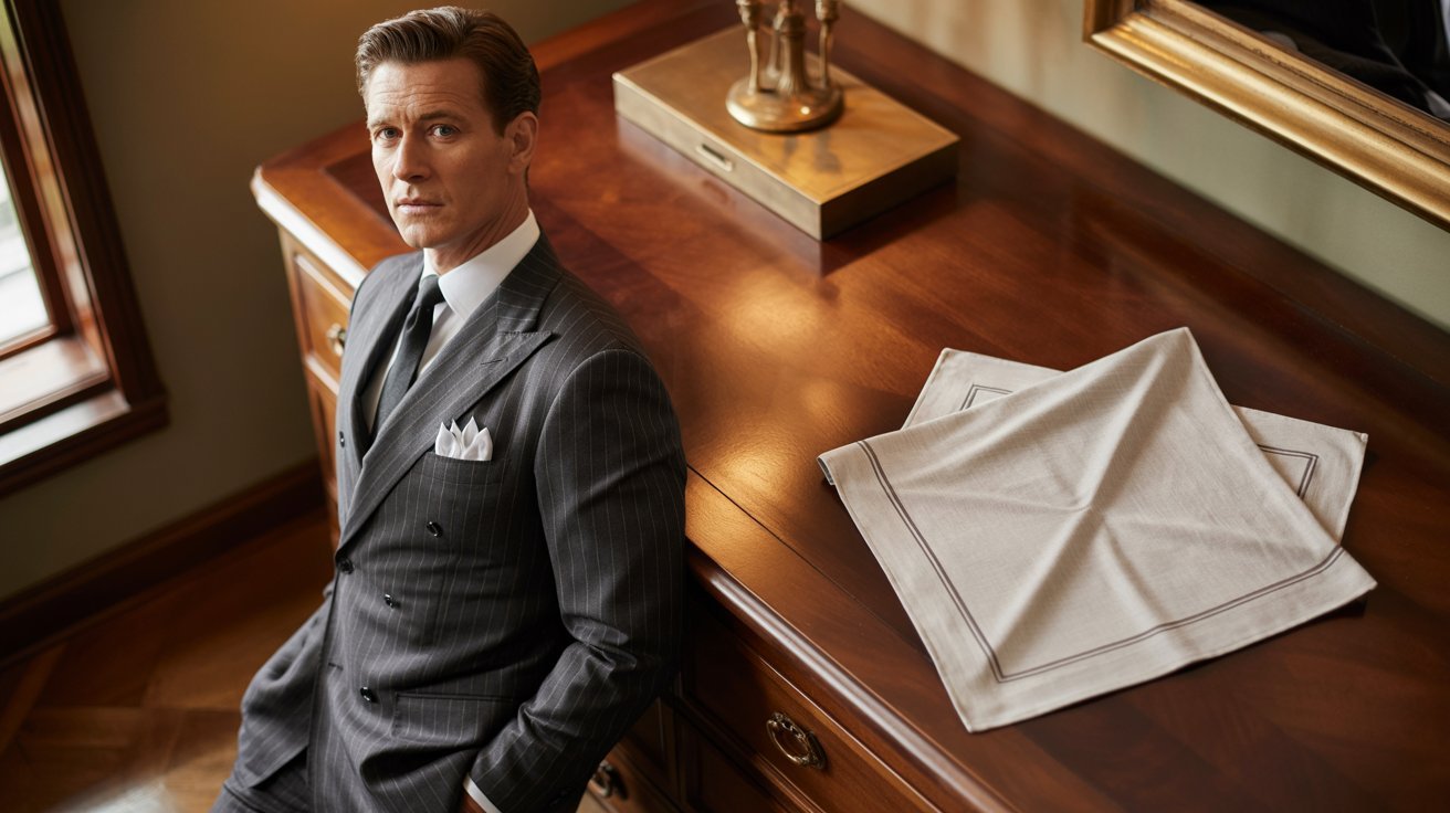 A man in a tailored gray pinstripe suit leans against a wooden sideboard, exuding confidence. A neatly folded handkerchief and box are on the sideboard.