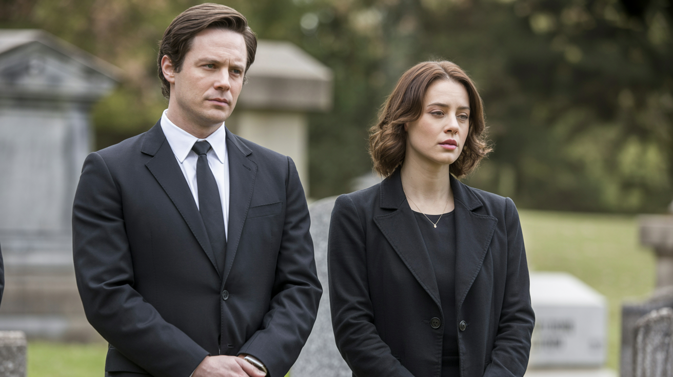 Man and woman wearing formal black funeral attire in a respectful outdoor setting