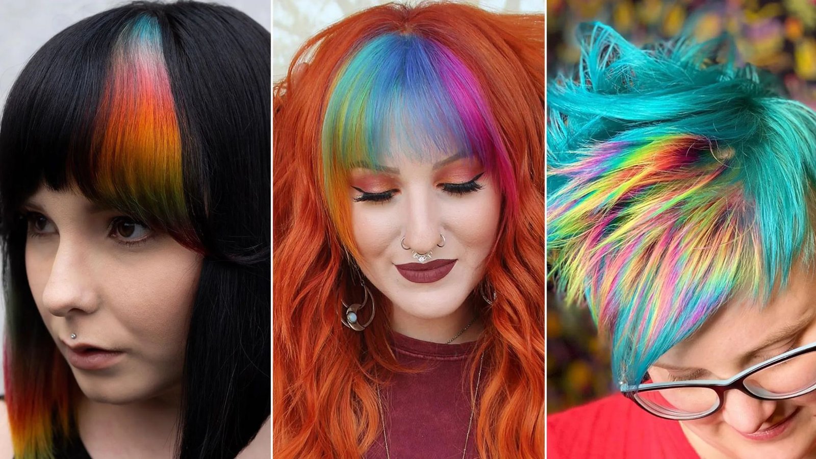 Triptych of three people with vibrant rainbow-colored bangs and hairstyles.
The left shows peekaboo rainbow on black hair, center has full rainbow bangs on orange hair, right features spiky multicolor bangs.