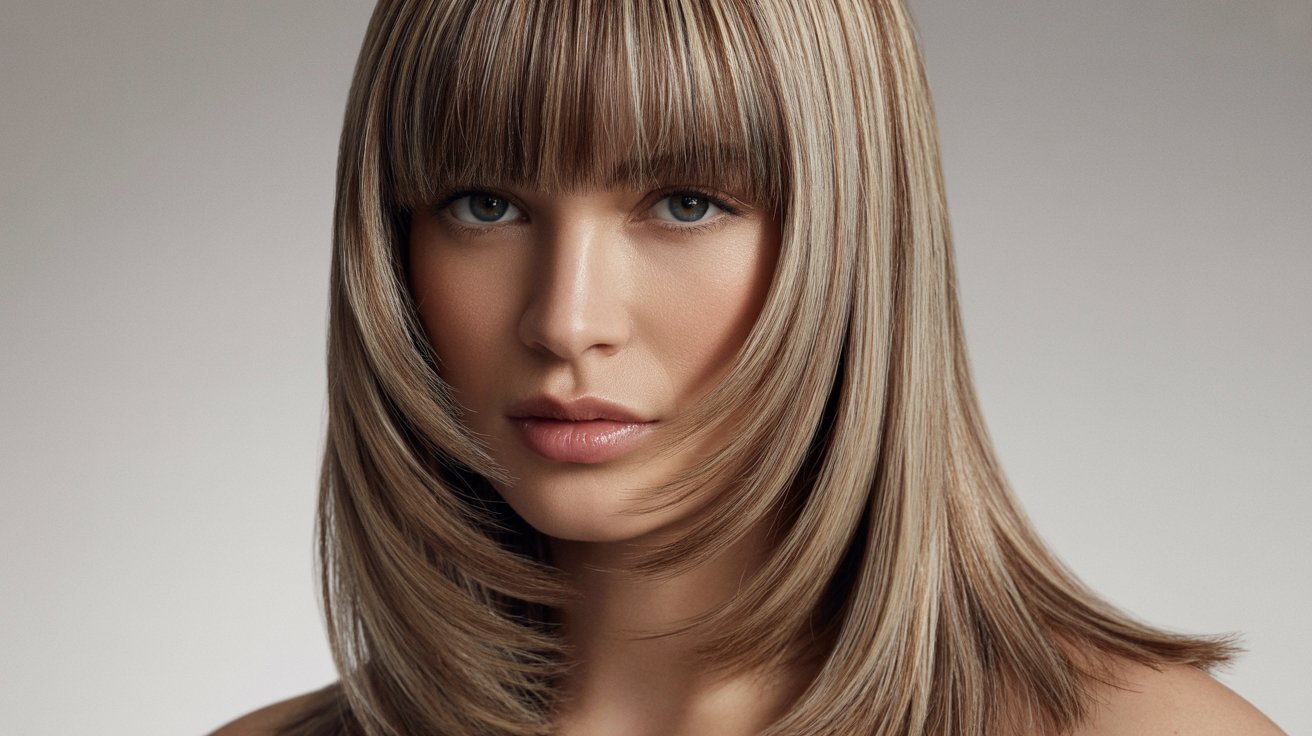A woman with long, straight hair featuring blunt ends, long layers, and curtain bangs.
