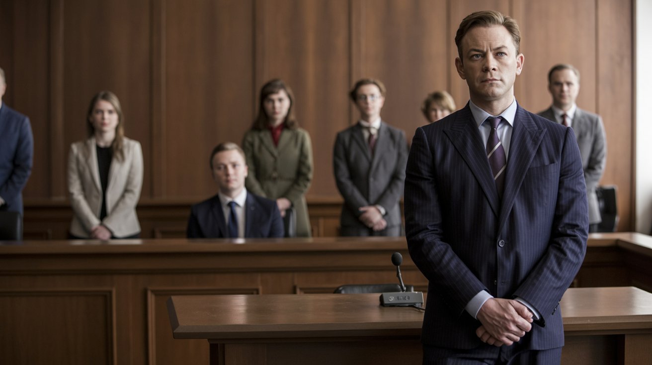Person standing in court dressed professionally while judge and others observe