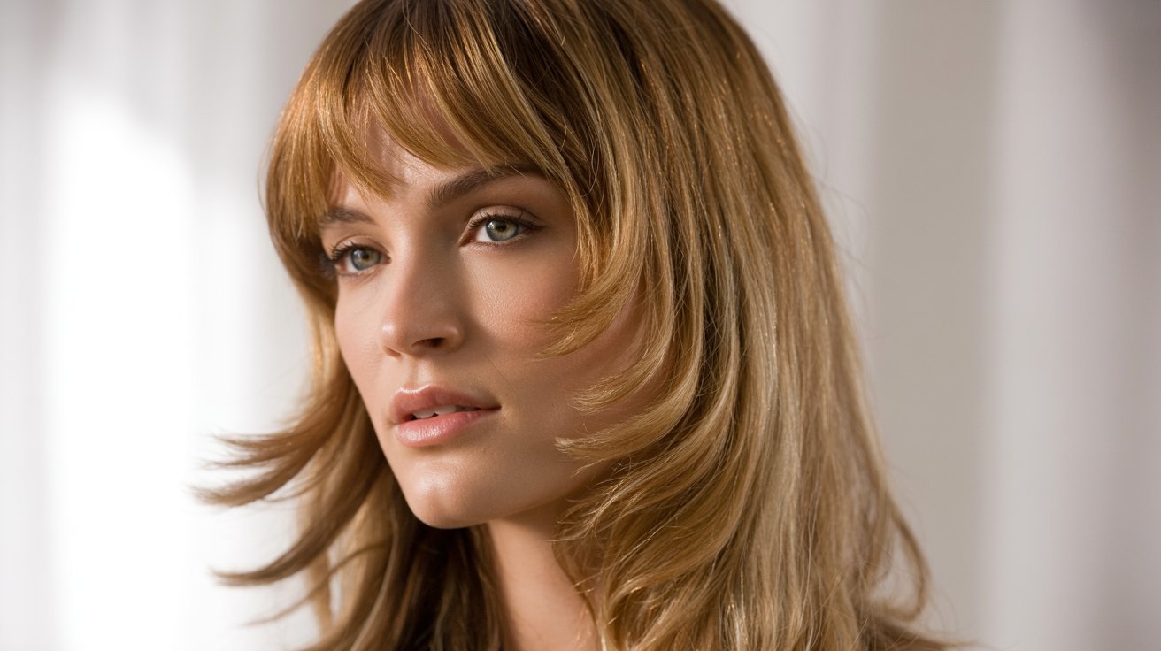 A woman with long hair and bangs, demonstrating cheekbone-grazing bangs 
