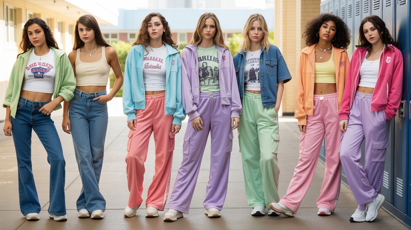 A group of women wearing vibrant pants and jackets, standing together and smiling in a lively outdoor setting