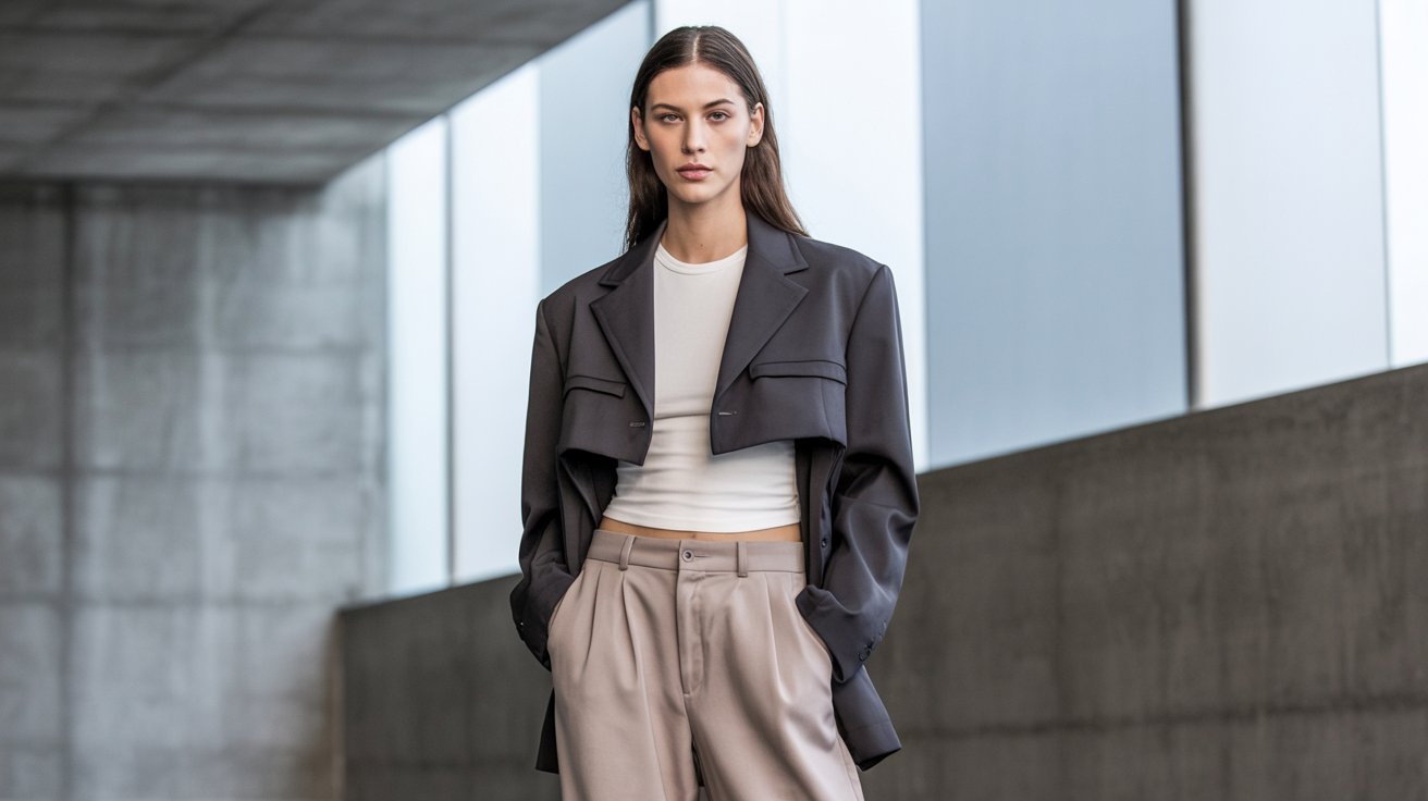 A model showcases a stylish white crop top paired with trousers, exemplifying clean and interesting layering in fashion.