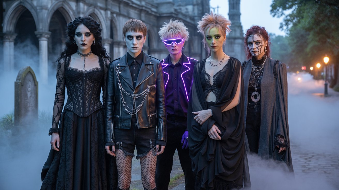A group of goth women in elaborate costumes, showcasing dark fashion and a shared love for the gothic subculture.
