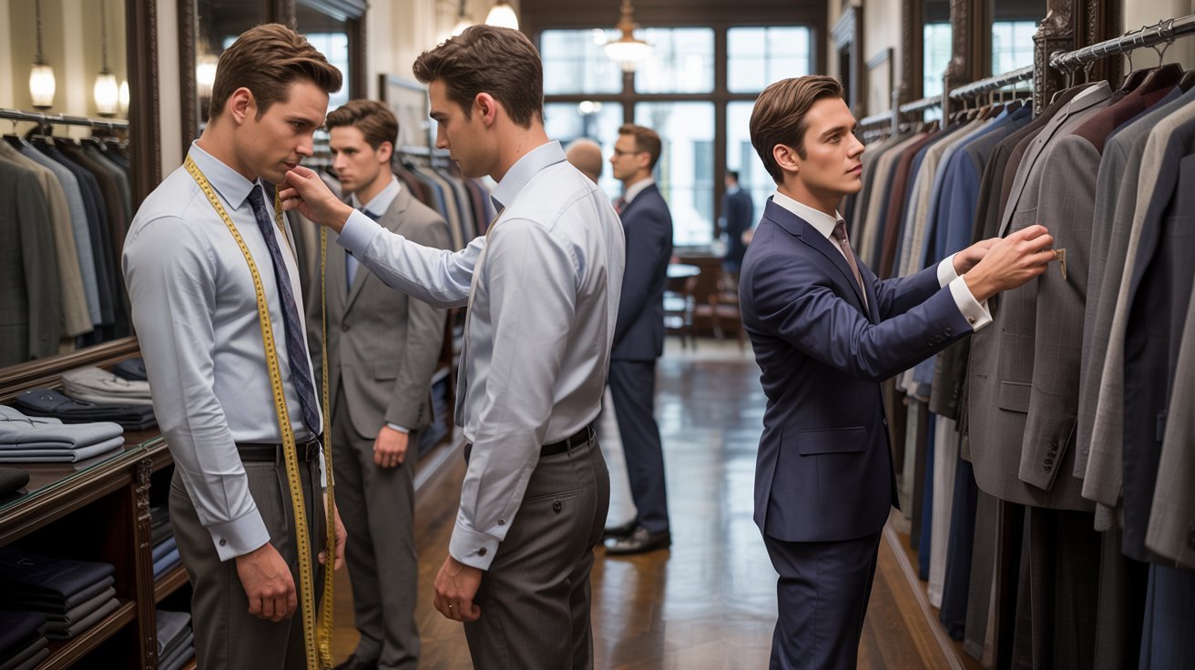 Men in a suit store: one is wearing a measuring tape, another adjusts his cuff, and a third picks a jacket. The setting is elegant and professional.