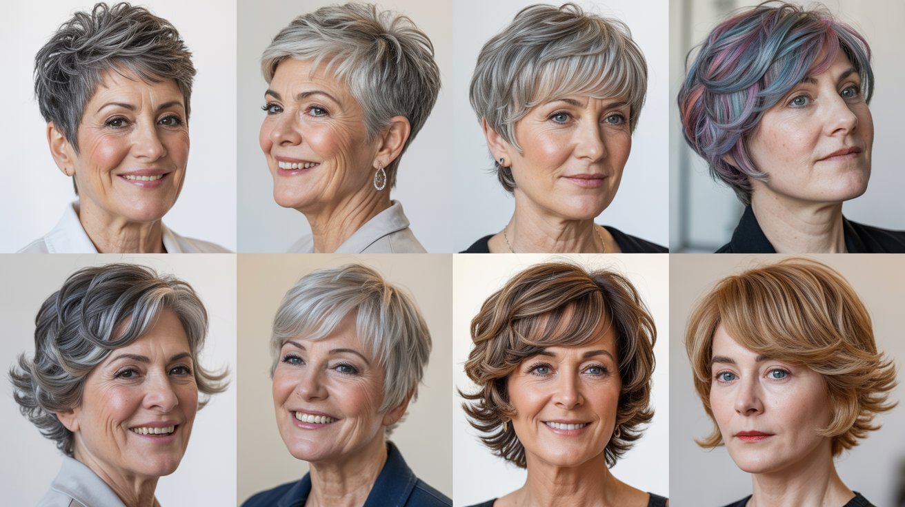Different short hairstyles for older women including pixie and bob
