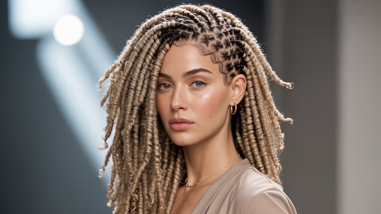 A model showcasing long blonde dreadlocks styled in thin faux locs, influenced by Sisterlocks.