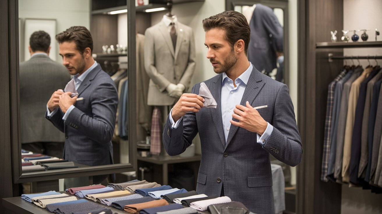 Man in a blue suit admires himself in a mirror while adjusting his pocket square. Surrounding him are neatly arranged ties and formal suits, creating a sophisticated atmosphere.