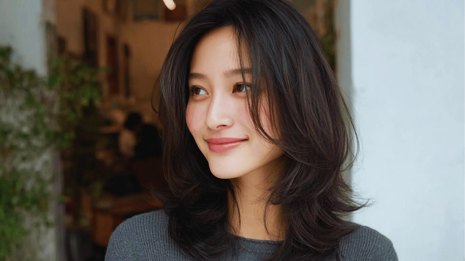 Asian woman with shoulder length haircut featuring soft layers and wispy bangs in natural black