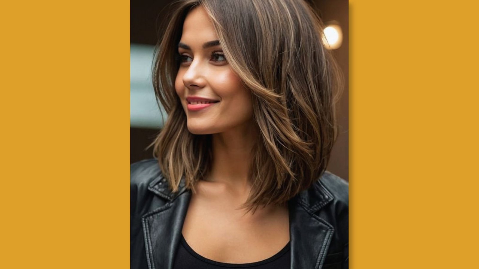 Low maintenance layered medium length haircut with sweeping face-framing layers and caramel highlights on brunette hair for round face 
