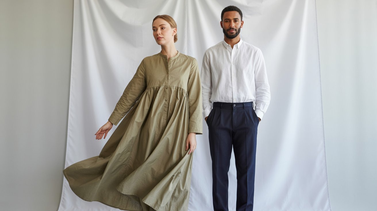 A woman in a flowing olive-green dress and a man in a white shirt with navy pants stand against a white backdrop, exuding a minimalist, elegant vibe.