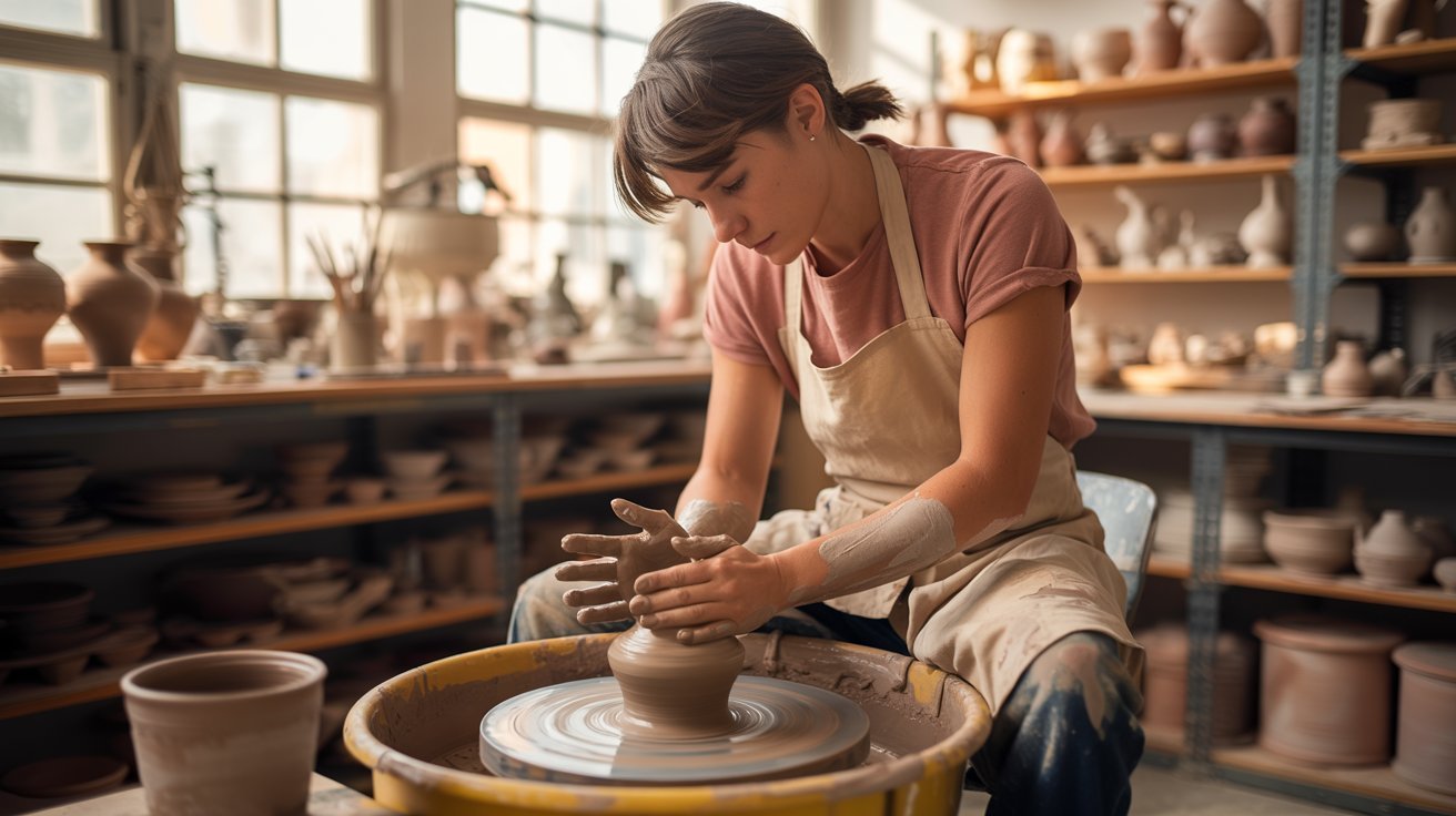 A focused potter wearing an apron shapes clay on a pottery wheel in a sunlit studio, surrounded by shelves of ceramic pots. The scene feels serene and creative.