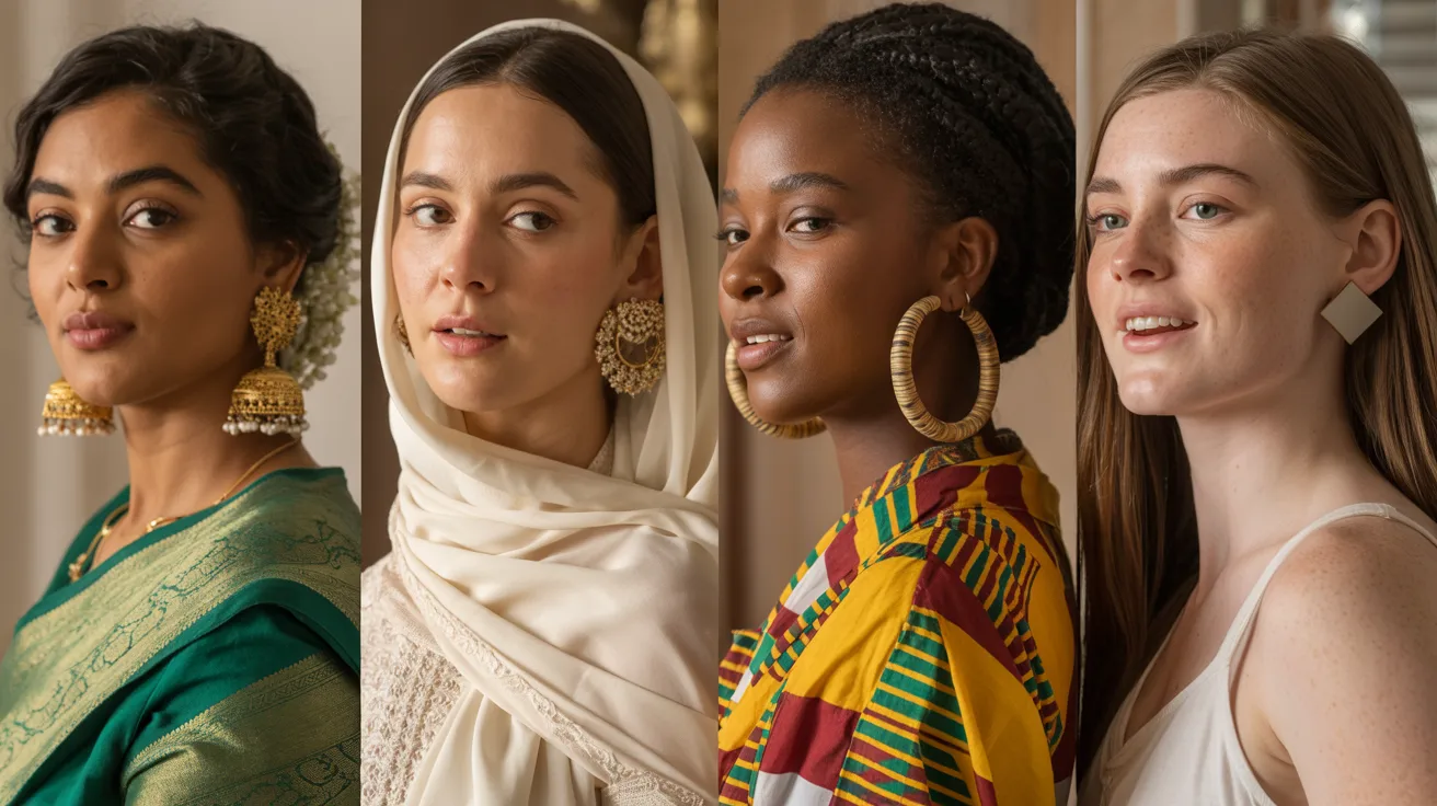 Four women are side by side, each wearing distinct cultural attire and statement earrings. They exude elegance, diversity, and confidence.