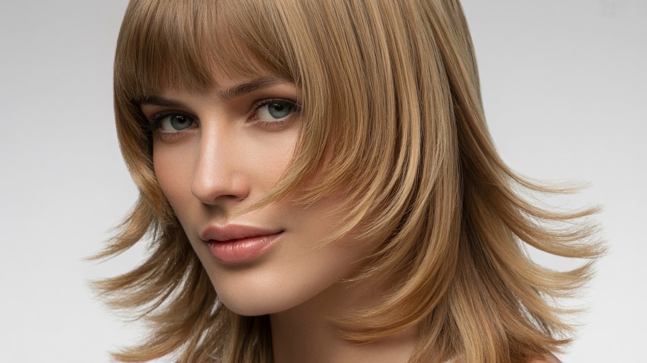 A woman with a long, blonde bob haircut featuring fine hair, long layers, and curtain bangs.
