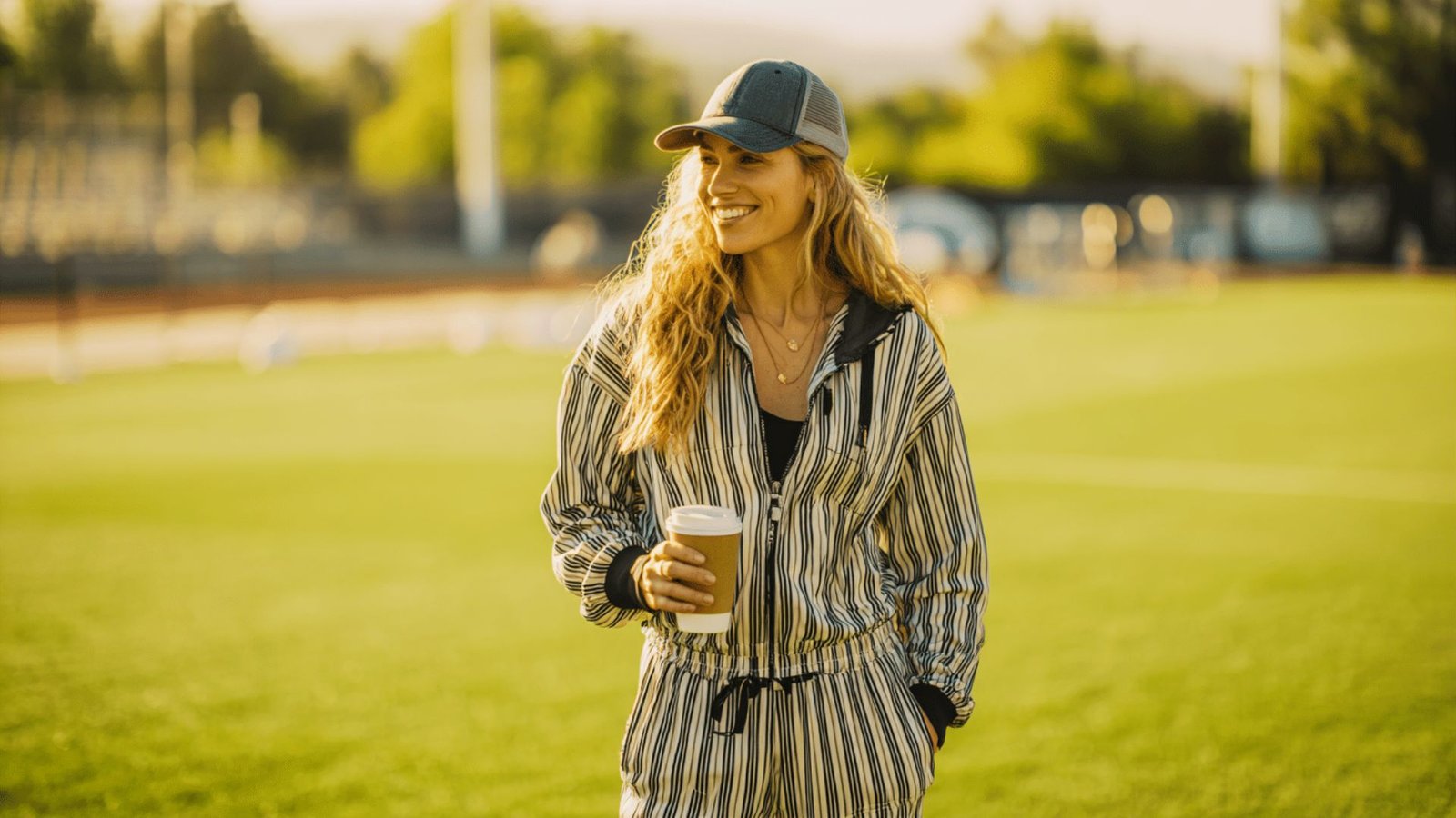 A woman wearing a striped tracksuit holds a coffee, embodying comfort and style for active moms on the go.