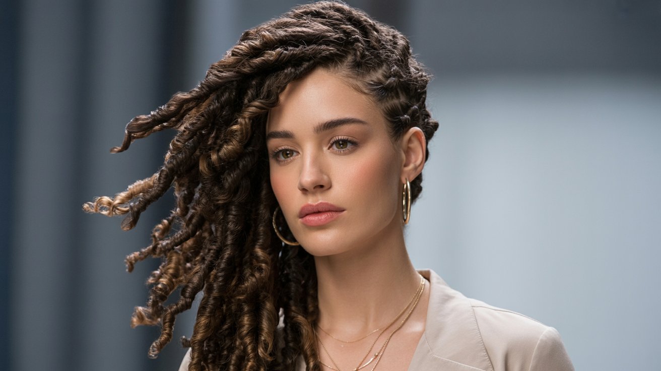 A woman with dreadlocks styled in faux locs, wearing a white shirt, poses with a deep side part hairstyle.
