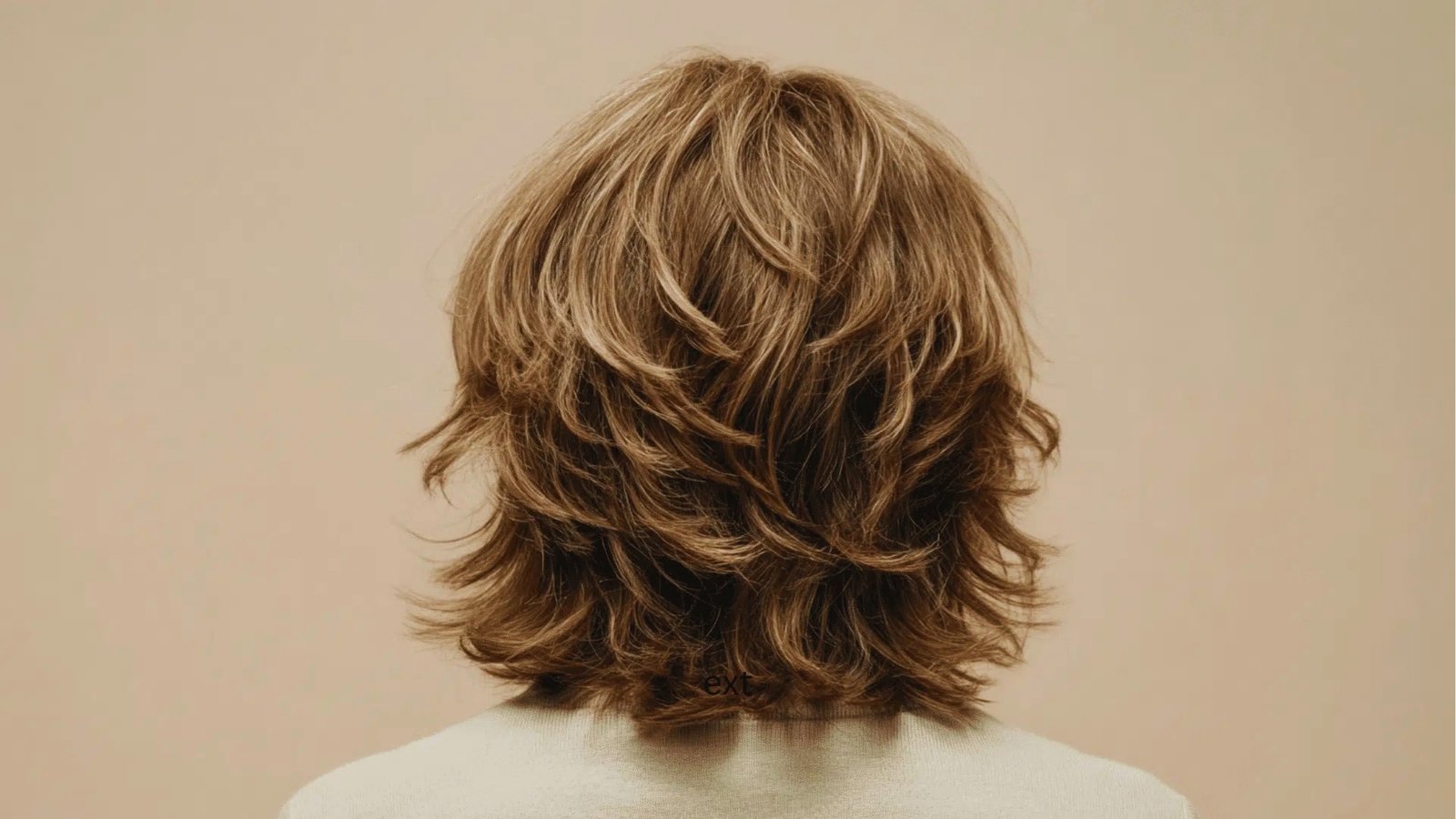 Back view of layered shoulder length haircut with tousled texture and feathered ends on light brown hair