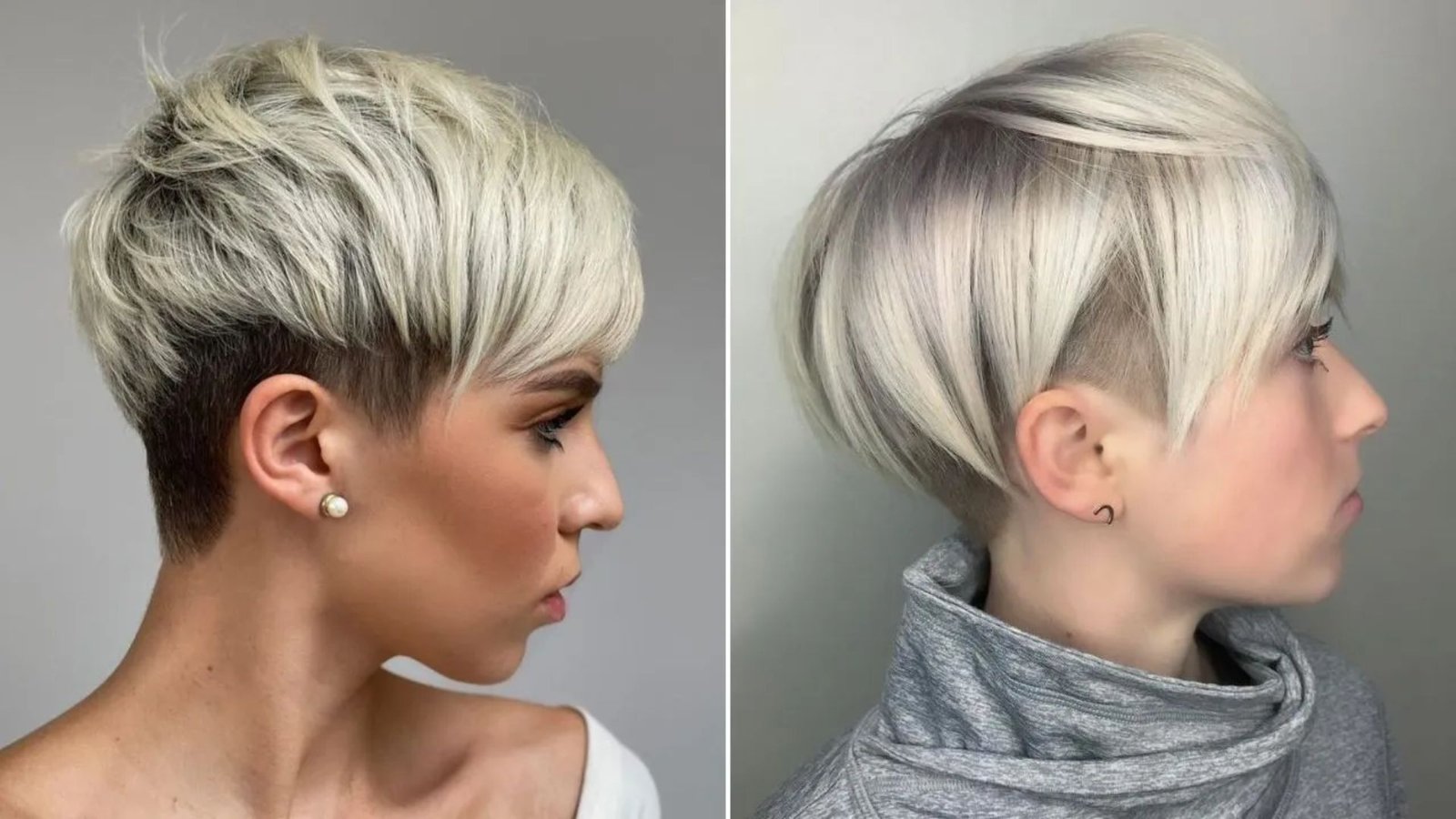 Split image of two women with platinum blonde undercut pixie styles in profile.
Left has a choppy textured top with faded sides, right shows a sleek bowl-cut with shaved side panel.