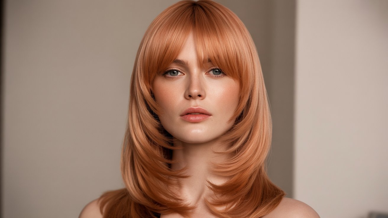 A woman with long, soft copper hair styled in layers and curtain bangs, showcasing a vibrant red hue.
