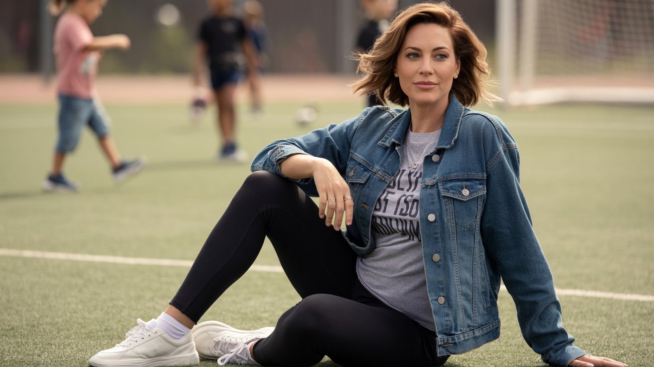 A woman in a denim jacket and graphic tee sits on the ground with a soccer ball, dressed casually in black leggings.