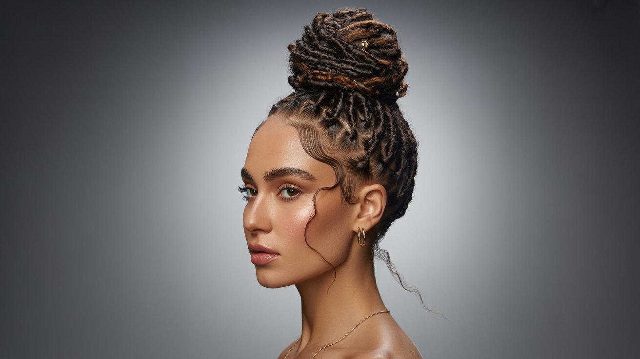 A woman with a high top knot hairstyle featuring faux locs styled in a bun.
