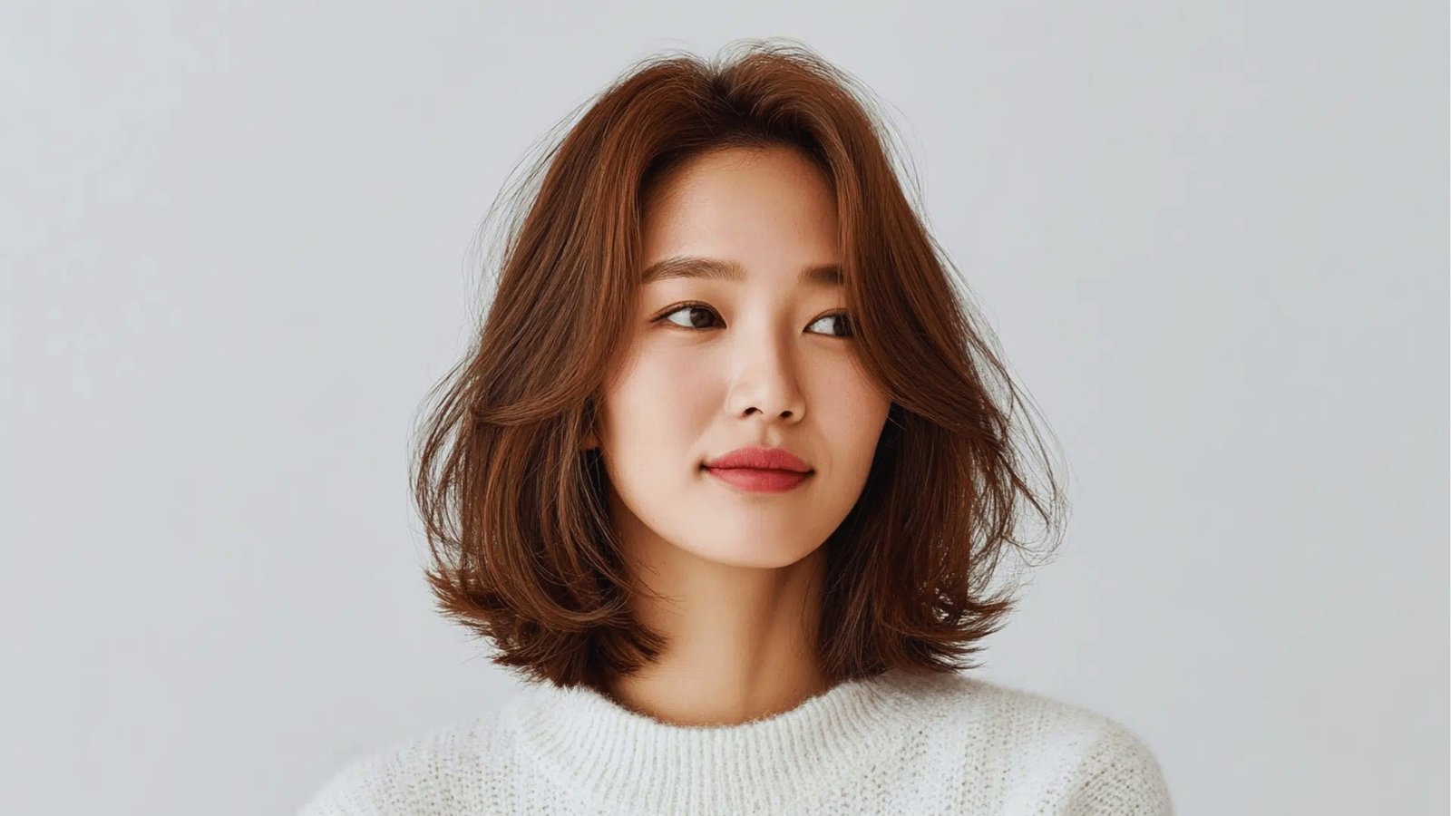 Sleek straight shoulder length haircut with blunt ends and side-swept bangs on rich auburn hair