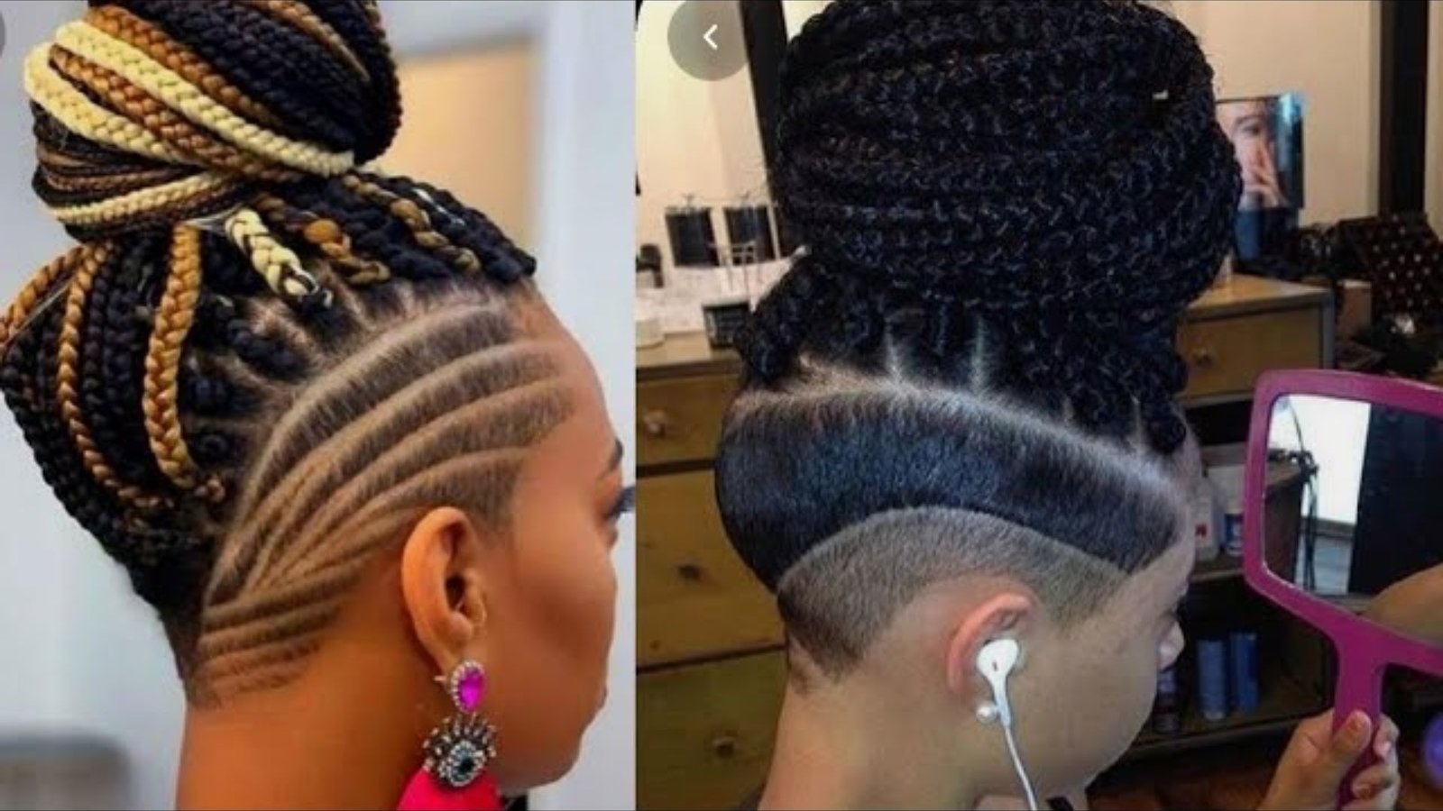 Split image showing two women with braided updos and shaved undercuts with line details. Left features multi-tone box braids with curved lines, right shows black twists with a bold double-band undercut.