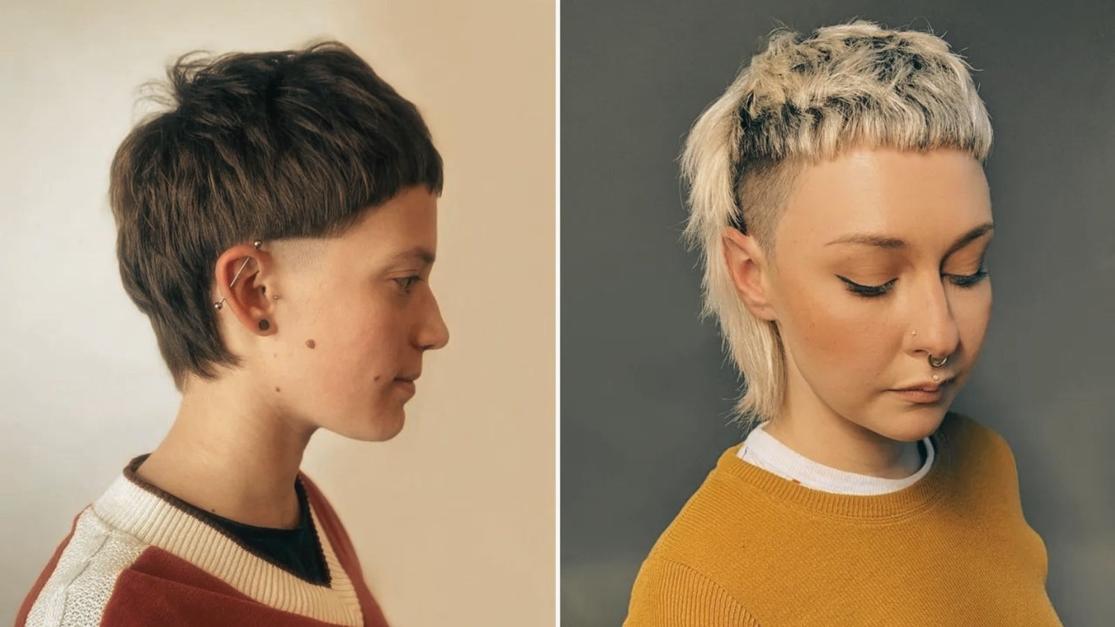 Two photos of a woman featuring a straight sleek mullet, highlighting her short hair from various perspectives.