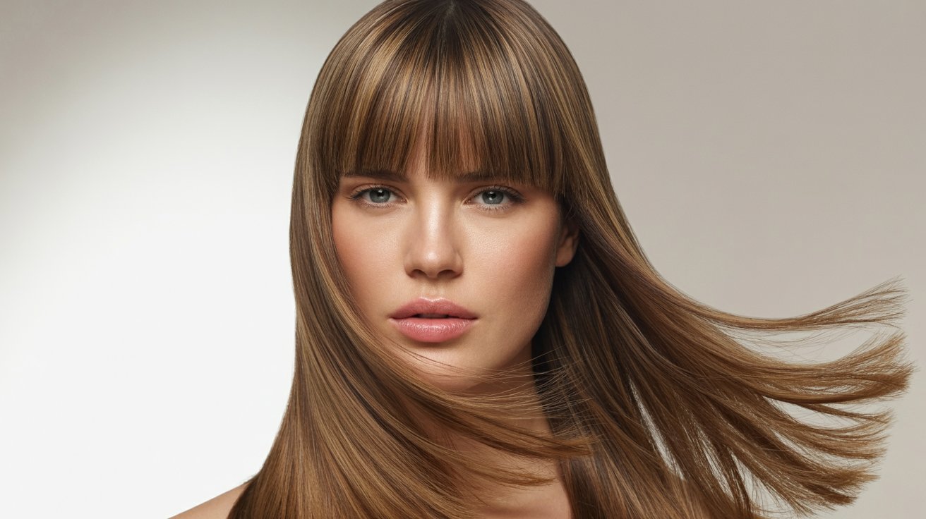 A woman with long brown hair featuring center-parted curtain bangs and sleek layers.
