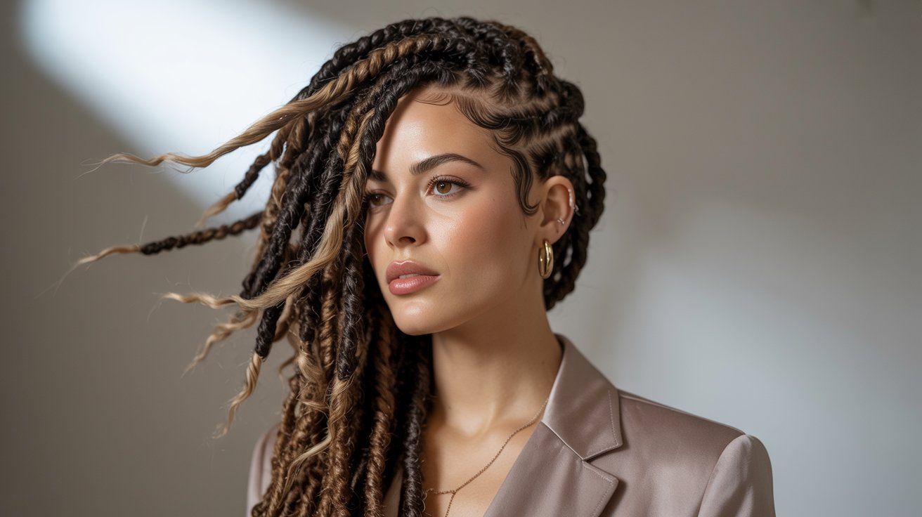 A woman with side-swept faux locs wearing a stylish suit jacket, showcasing a professional and trendy look.