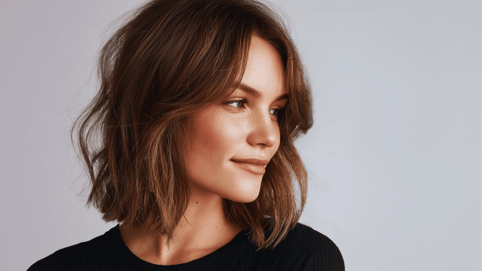 Wavy shoulder length bob haircut with curtain bangs and textured layers on light brown hair