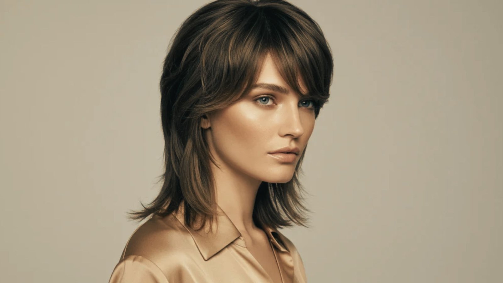 A woman with a short, layered haircut featuring face-framing highlights and a stylish mullet.
