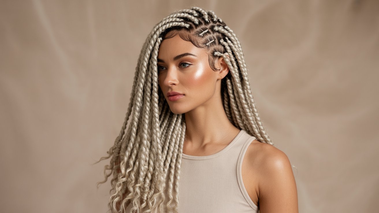 A woman with long blonde braids styled in pre-looped crochet faux locs, showcasing a trendy hair ideas look.