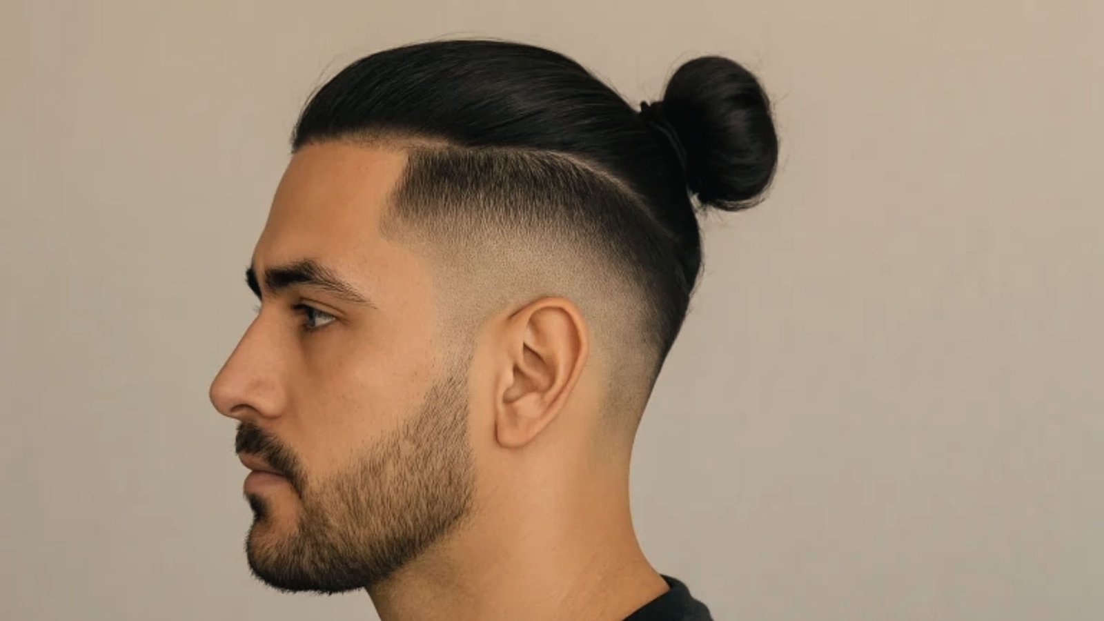 A man with a bun hairstyle, featuring a disconnected undercut fade on the sides.