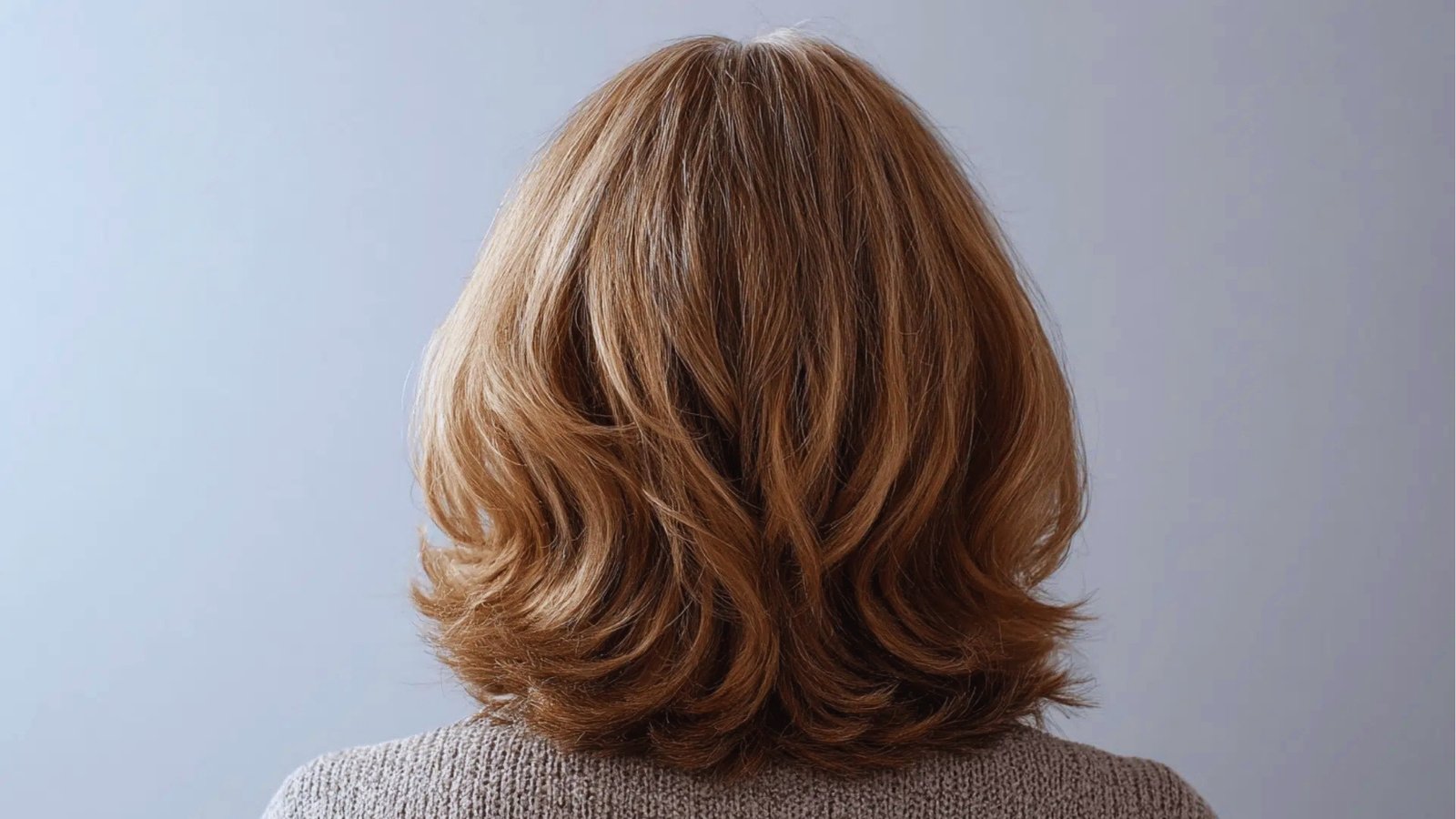 Back view of layered shoulder length haircut with soft waves and warm honey blonde highlights
