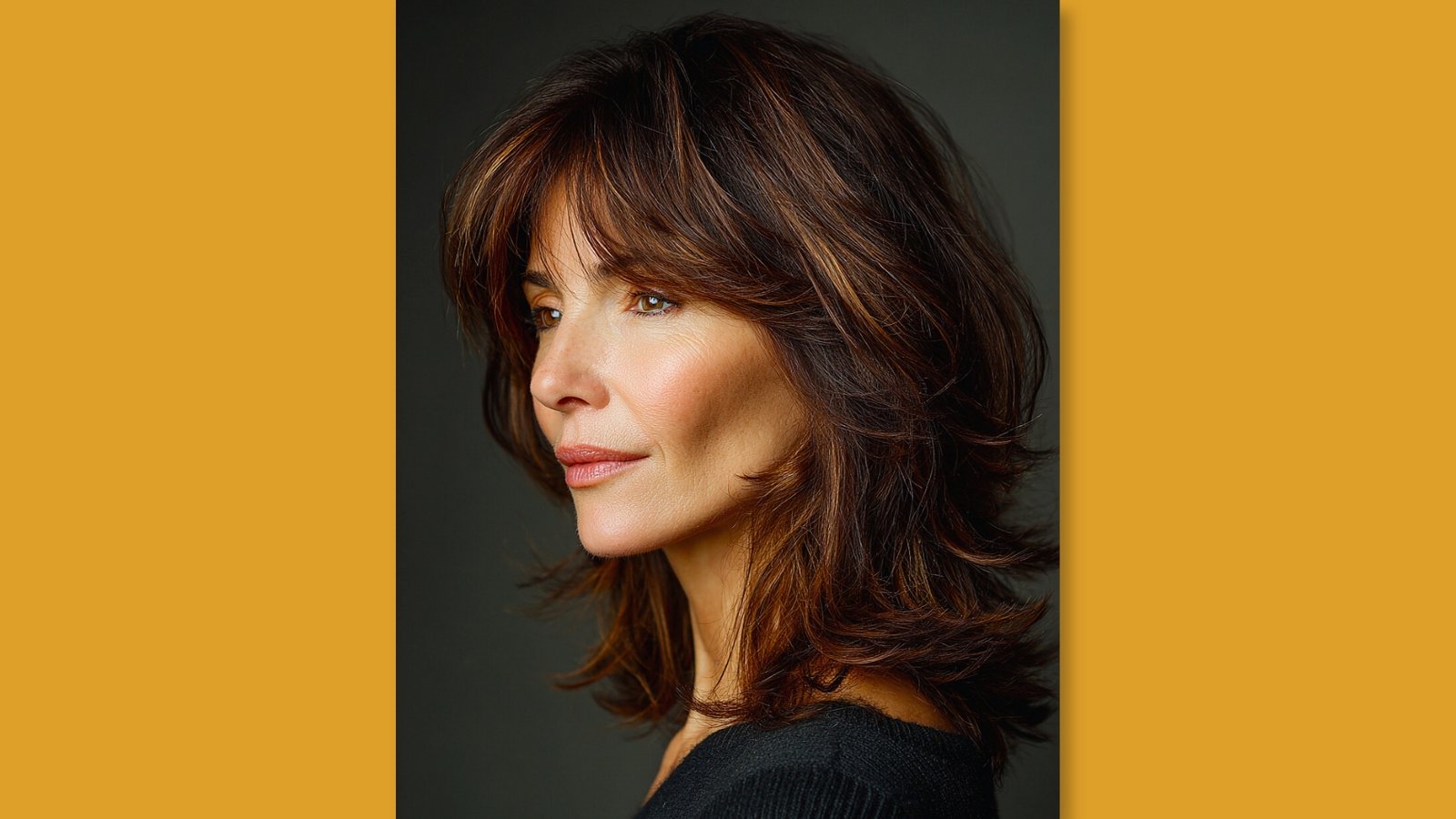 Low maintenance layered medium length shag with wispy textured bangs and voluminous layers on auburn brown highlighted hair for round face 
