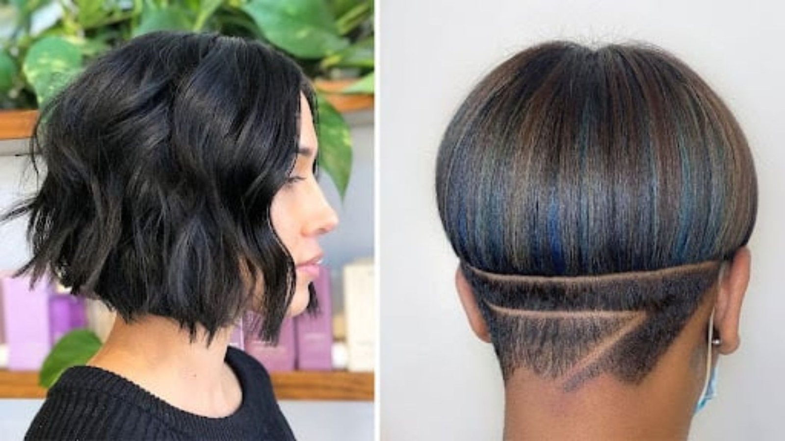 Split image showing two trendy bob styles with hidden undercuts. Left is a wavy black bob from the side. Right is a back view of a sleek brunette bob lifted to reveal a triangle line design in the nape undercut.