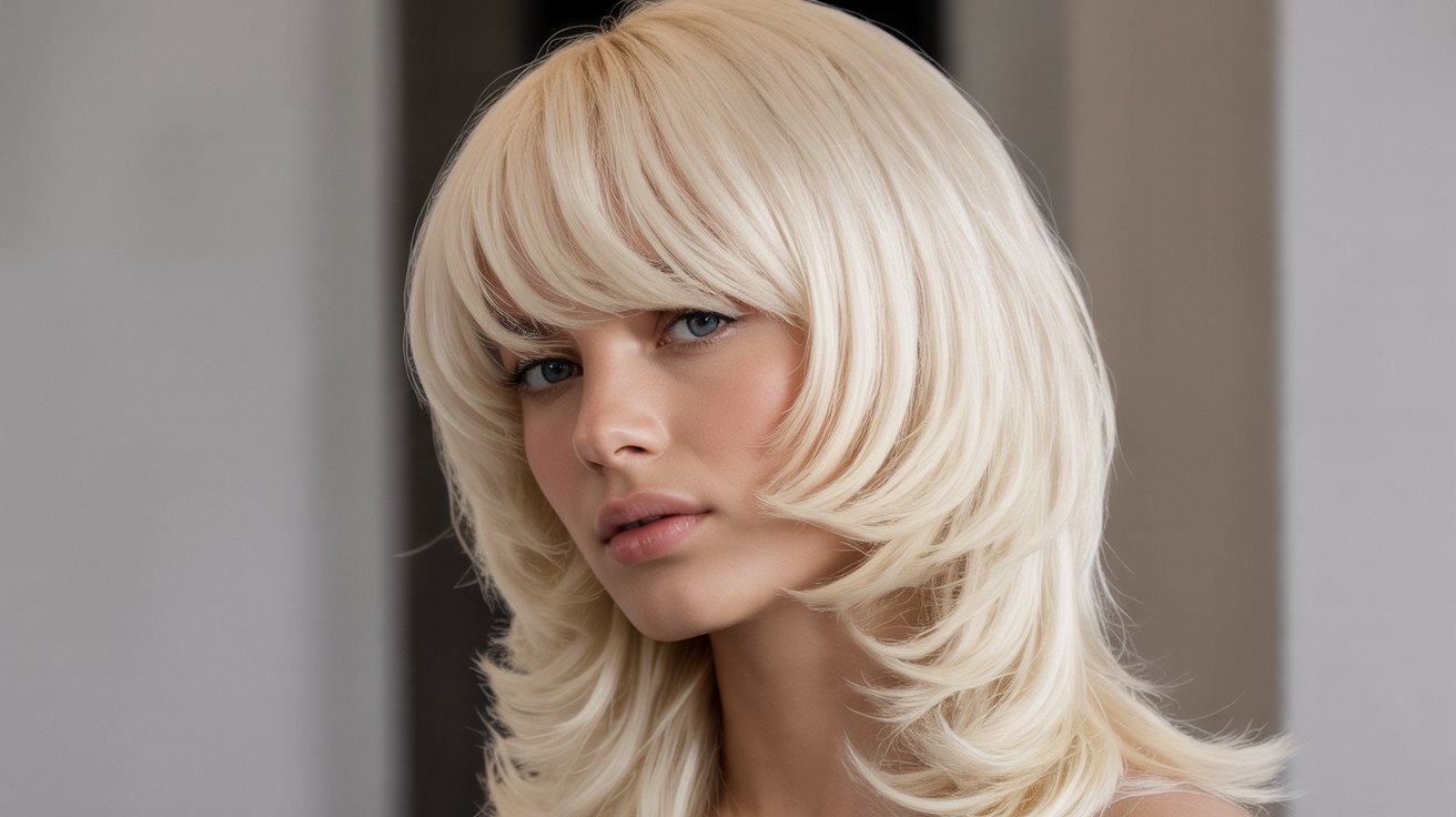  A blonde woman with long, wavy platinum blonde hair styled in layers and curtain bangs.
