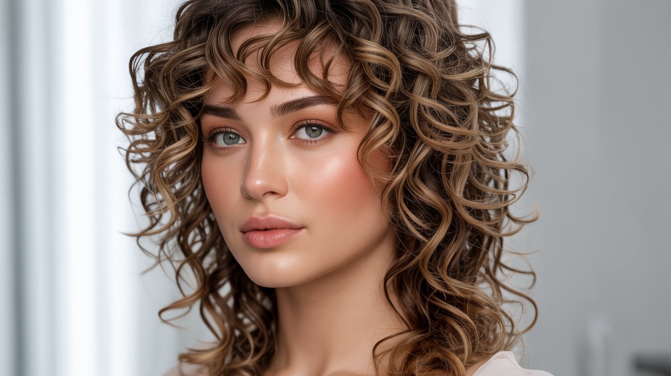  A woman with curly hair and blue eyes, showcasing her curly bangs and vibrant facial features.
