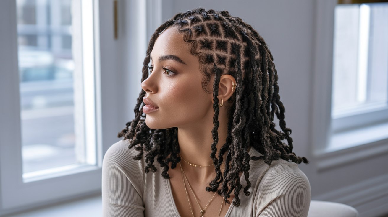 A woman with dreadlocks sits by a window, showcasing her crochet faux locs hairstyle in a bright, natural light setting.